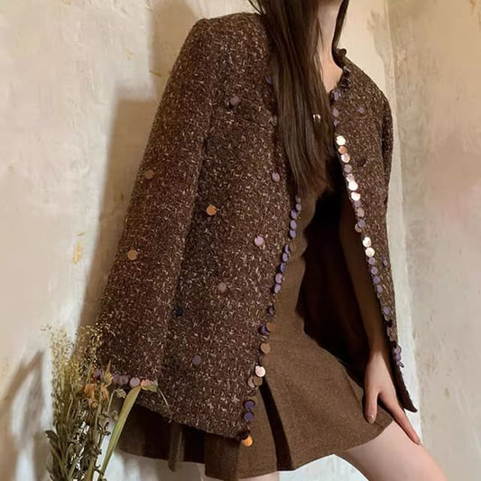 Round Neck Plaid Sequin Jacket