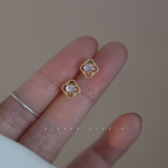 Stud Sterling Earring Clover S925 Silver Rhinestone