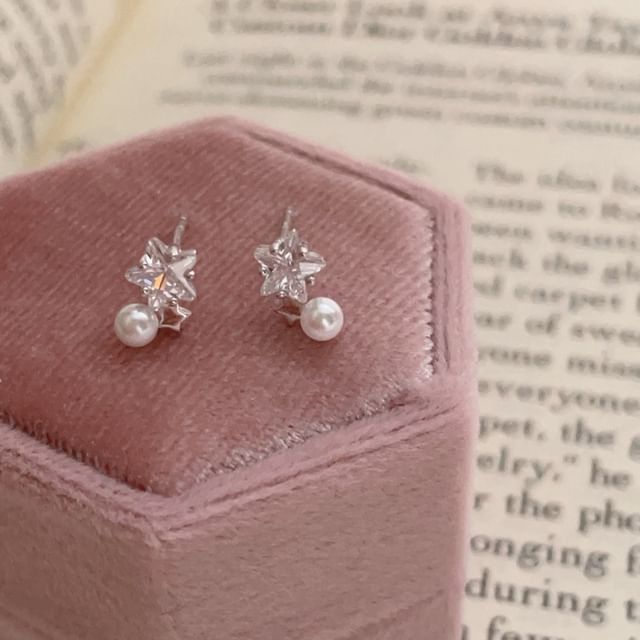 Faux Earring Alloy Rhinestone Star Pearl Drop