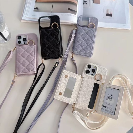 Leather Case with Phone Card Lanyard Faux Holder