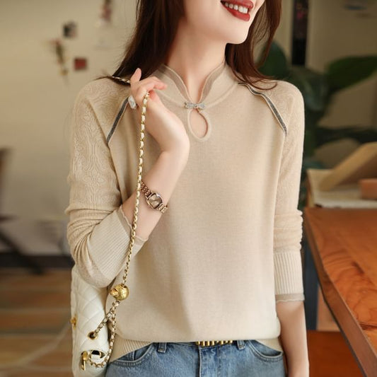 Long Sleeve Stand Collar Contrast Trim Keyhole Knit Top