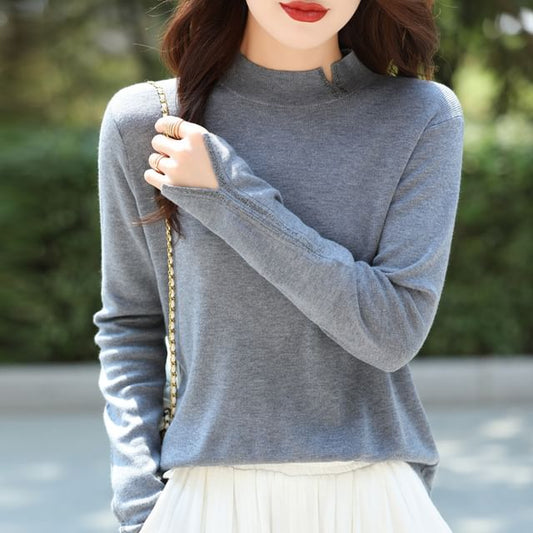 Long Sleeve Mock Neck Plain Slit Knit Top