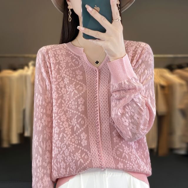 Long Sleeve Notch Neck Floral Patterned Beaded Knit Top