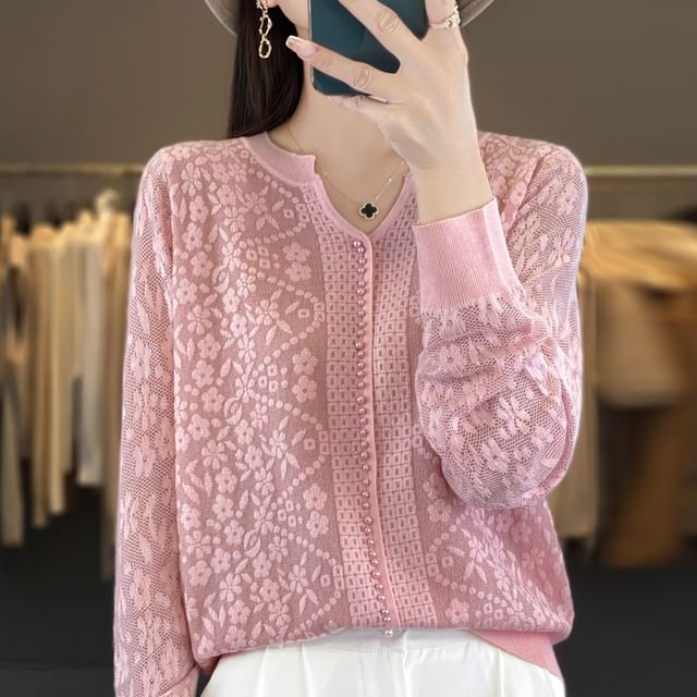 Long Sleeve Notch Neck Floral Patterned Beaded Knit Top
