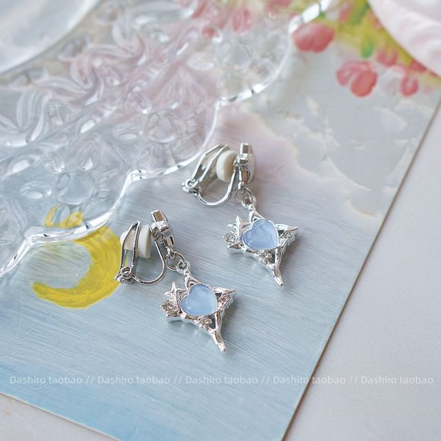 Rhinestone On Drop Star / Heart Clip Earring