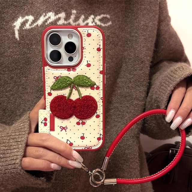 / Case Phone Embroidered Cherry Strap Set