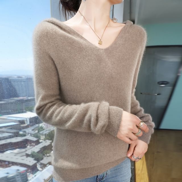 Long-Sleeve V-Neck Hooded Plain Knit Top