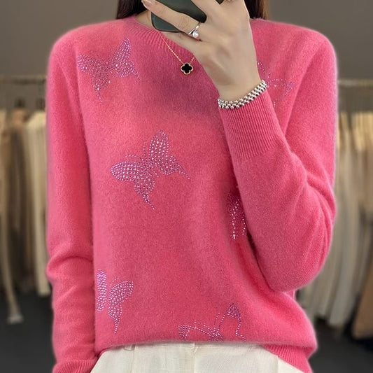 Long-Sleeve Crewneck Glitter Butterfly Knit Top