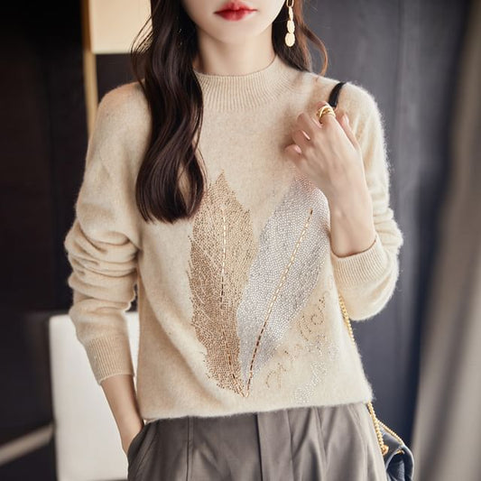 Long-Sleeve Crewneck Leaf Jacquard Knit Top
