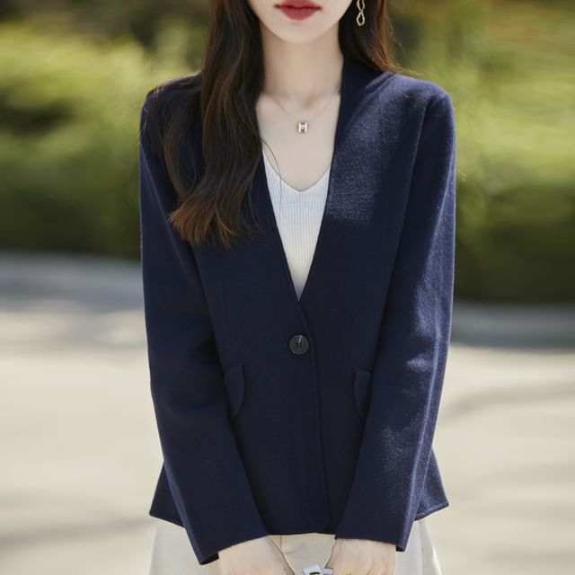 V-Neck One Buttoned Plain Blazer