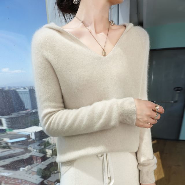 Long-Sleeve V-Neck Hooded Plain Knit Top