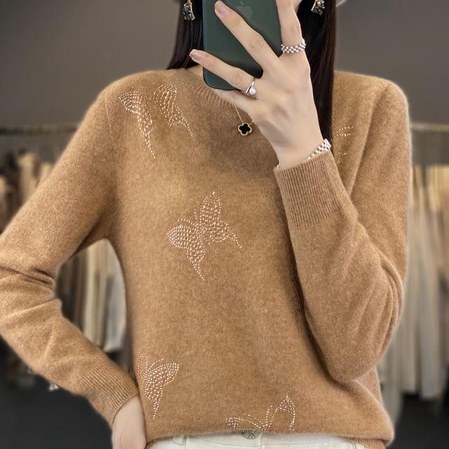 Long-Sleeve Crewneck Glitter Butterfly Knit Top