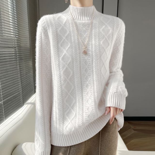 Mock Neck Cable Knit Plain Sweater