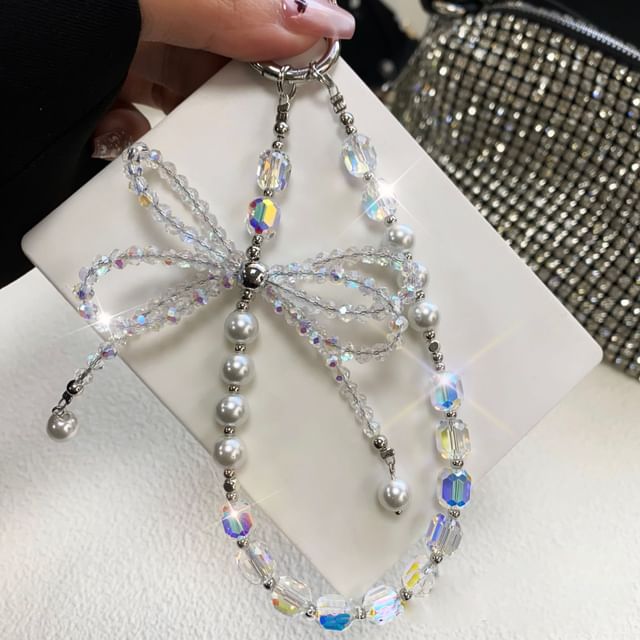Faux Bow Crystal Pad Pearl Phone Strap Lanyard with