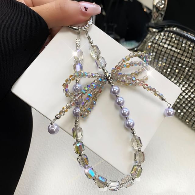 Faux Bow Crystal Pad Pearl Phone Strap Lanyard with