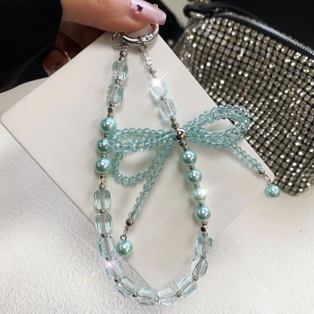 Faux Bow Crystal Pad Pearl Phone Strap Lanyard with