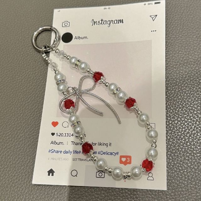 with Strap Lanyard Pearl Pad Bow Faux Phone