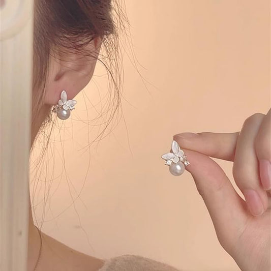 Alloy Pearl Earring Butterfly Faux Drop