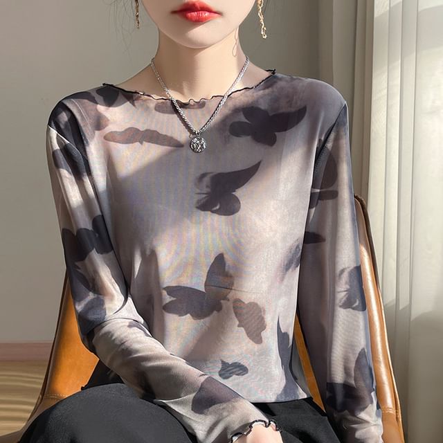 Long-Sleeve Boat Neck Butterfly Print Mesh Top