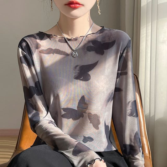 Long-Sleeve Boat Neck Butterfly Print Mesh Top