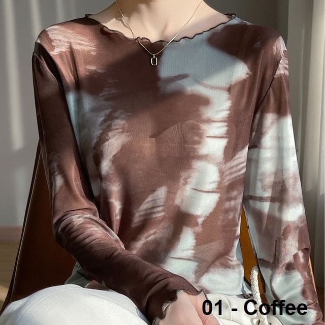 Long-Sleeve Boat Neck Butterfly Print Mesh Top