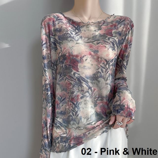 Long-Sleeve Boat Neck Butterfly Print Mesh Top