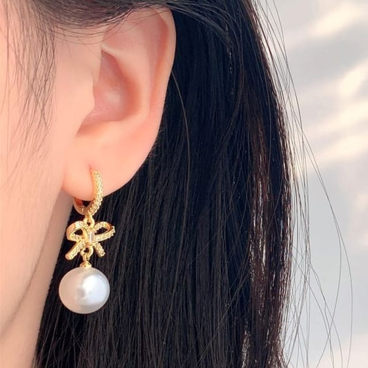 Huggie Rhinestone Pearl Faux Earring Drop Bow