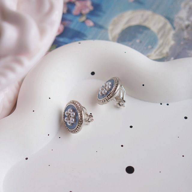 Pearl Clip-On / Stud Rhinestone Ear Faux Earring Flower