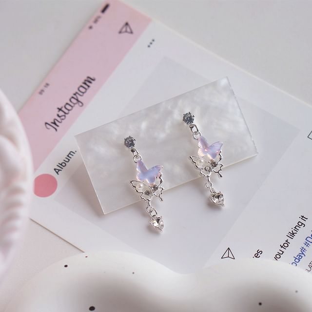 Faux Butterfly Rhinestone / Pearl Earring Drop Clip-On