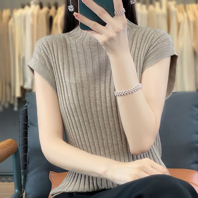 Short-Sleeve Mock Neck Plain Ribbed Knit Top