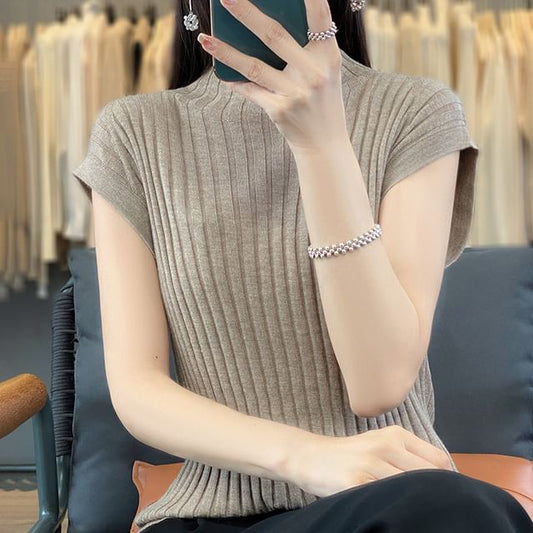 Short-Sleeve Mock Neck Plain Ribbed Knit Top