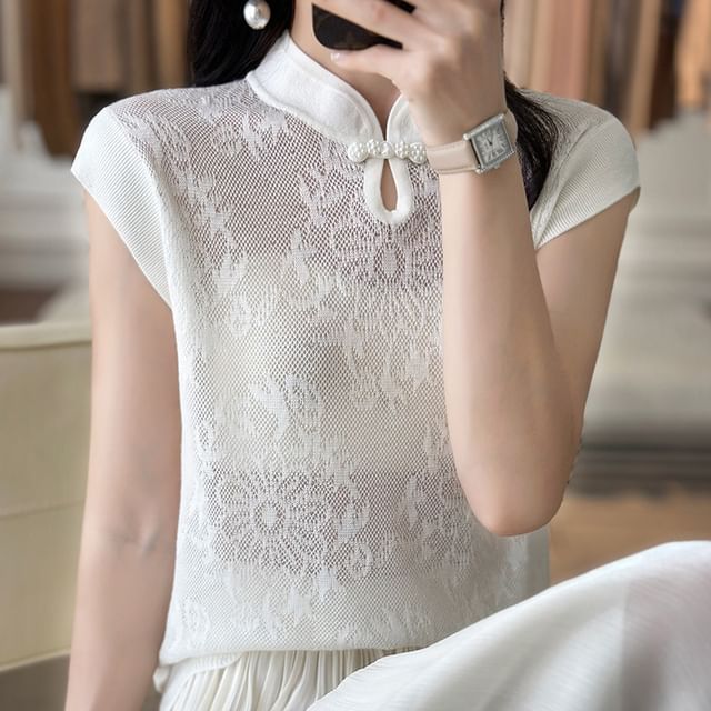 Cap-Sleeve Mock Neck Floral Knit Top