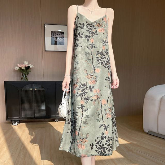 Spaghetti Strap V-Neck Floral Midi Sundress