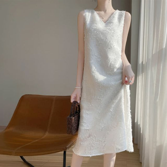 Sleeveless V-Neck Patterned Fringed Trim Midi Smock Dress