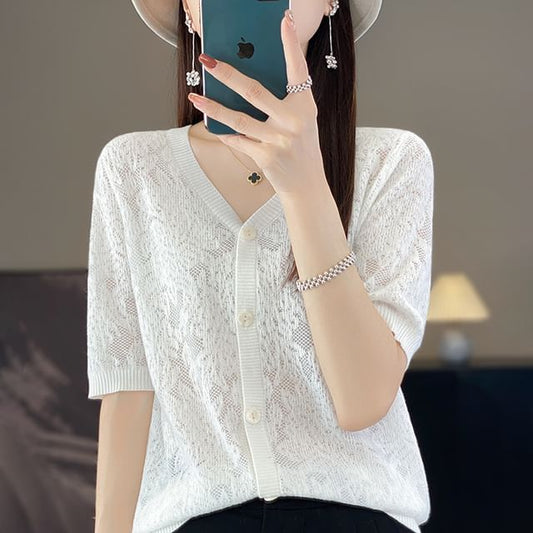 Short-Sleeve V-Neck Floral Cardigan