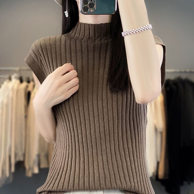 Short-Sleeve Mock Neck Plain Ribbed Knit Top
