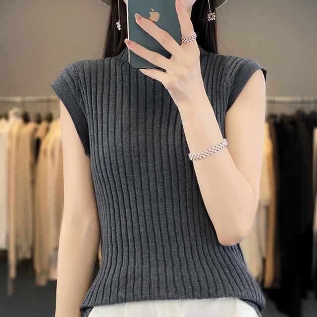 Short-Sleeve Mock Neck Plain Ribbed Knit Top