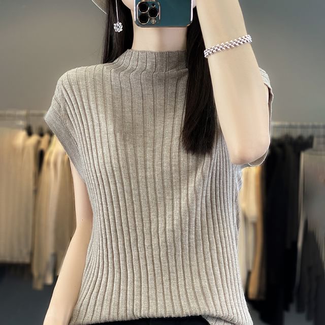 Short-Sleeve Mock Neck Plain Ribbed Knit Top