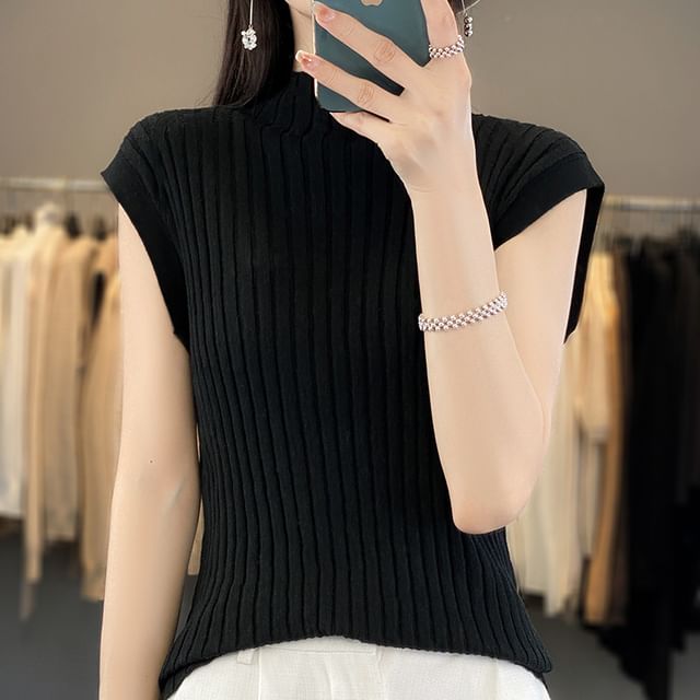 Short-Sleeve Mock Neck Plain Ribbed Knit Top