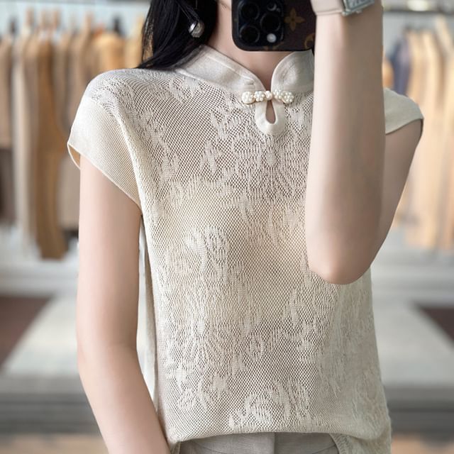 Cap-Sleeve Mock Neck Floral Knit Top