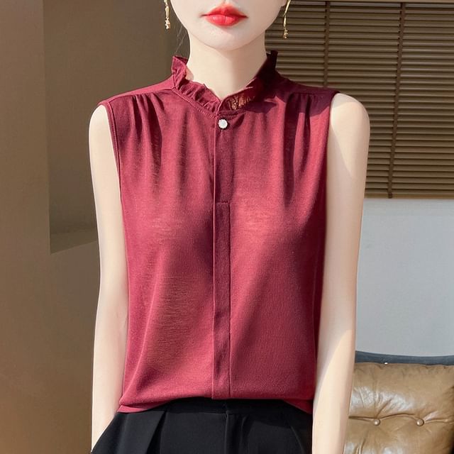 Sleeveless Plain Ruffle Blouse
