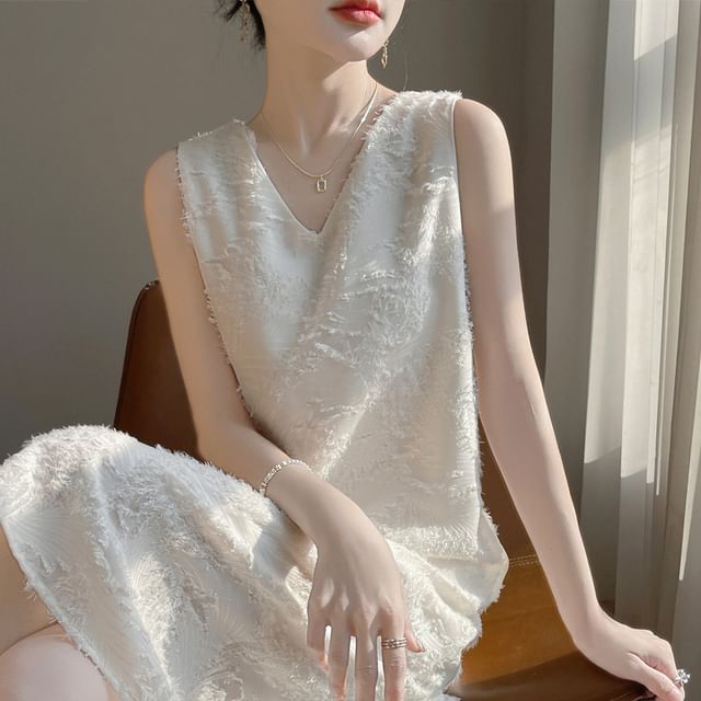 Sleeveless V-Neck Patterned Fringed Trim Midi Smock Dress