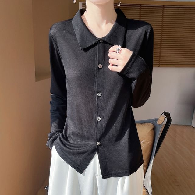 Long-Sleeve Collar Plain Button-Up T-Shirt