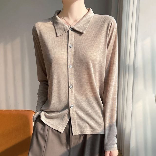 Long-Sleeve Collar Plain Button-Up T-Shirt