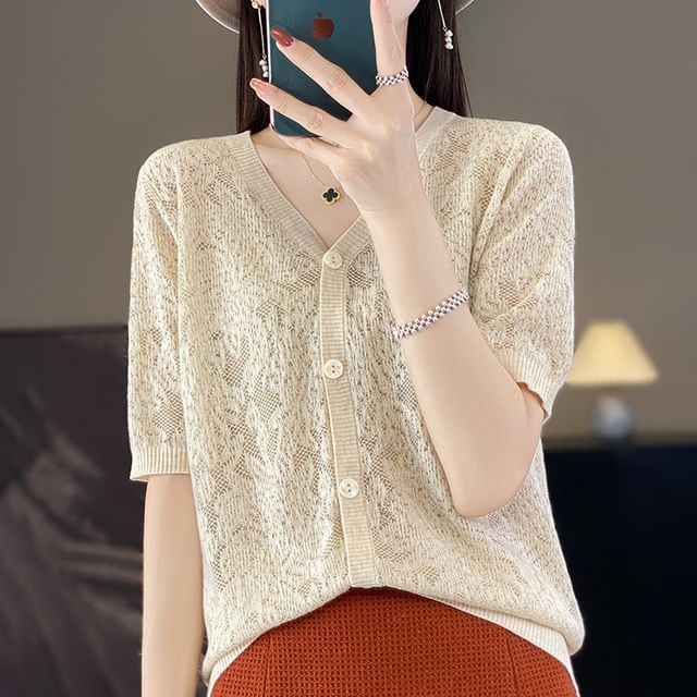 Short-Sleeve V-Neck Floral Cardigan