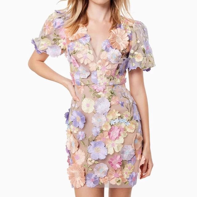 Puff-Sleeve V-Neck Flower Embroidered Mini Sheath Dress