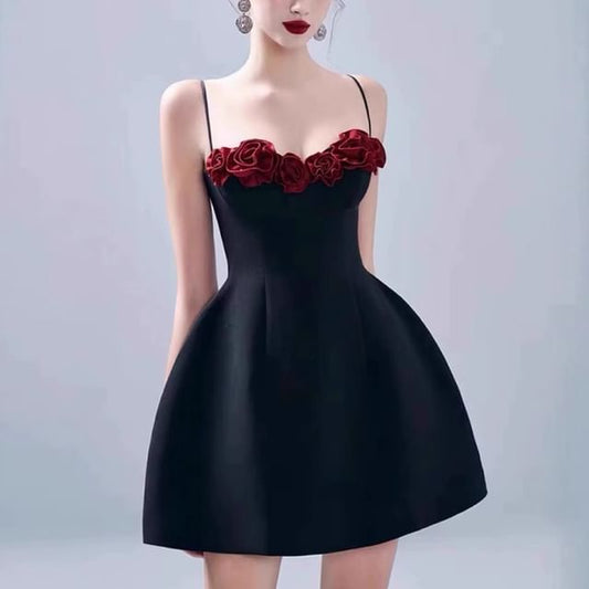 Spaghetti Strap Plain Flower Detail Mini A-Line Dress