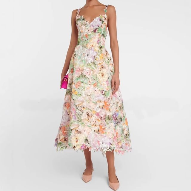Spaghetti Strap Floral Open Back Midi A-Line Dress