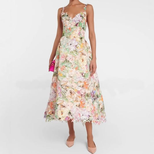 Spaghetti Strap Floral Open Back Midi A-Line Dress