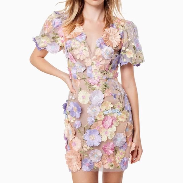 Puff-Sleeve V-Neck Flower Embroidered Mini Sheath Dress